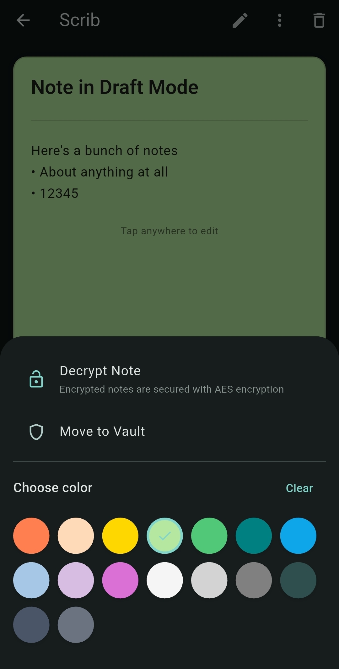 Scrib Android app editor options: 16 note colors, encrypt and decrypt toggle, move to Private Vault