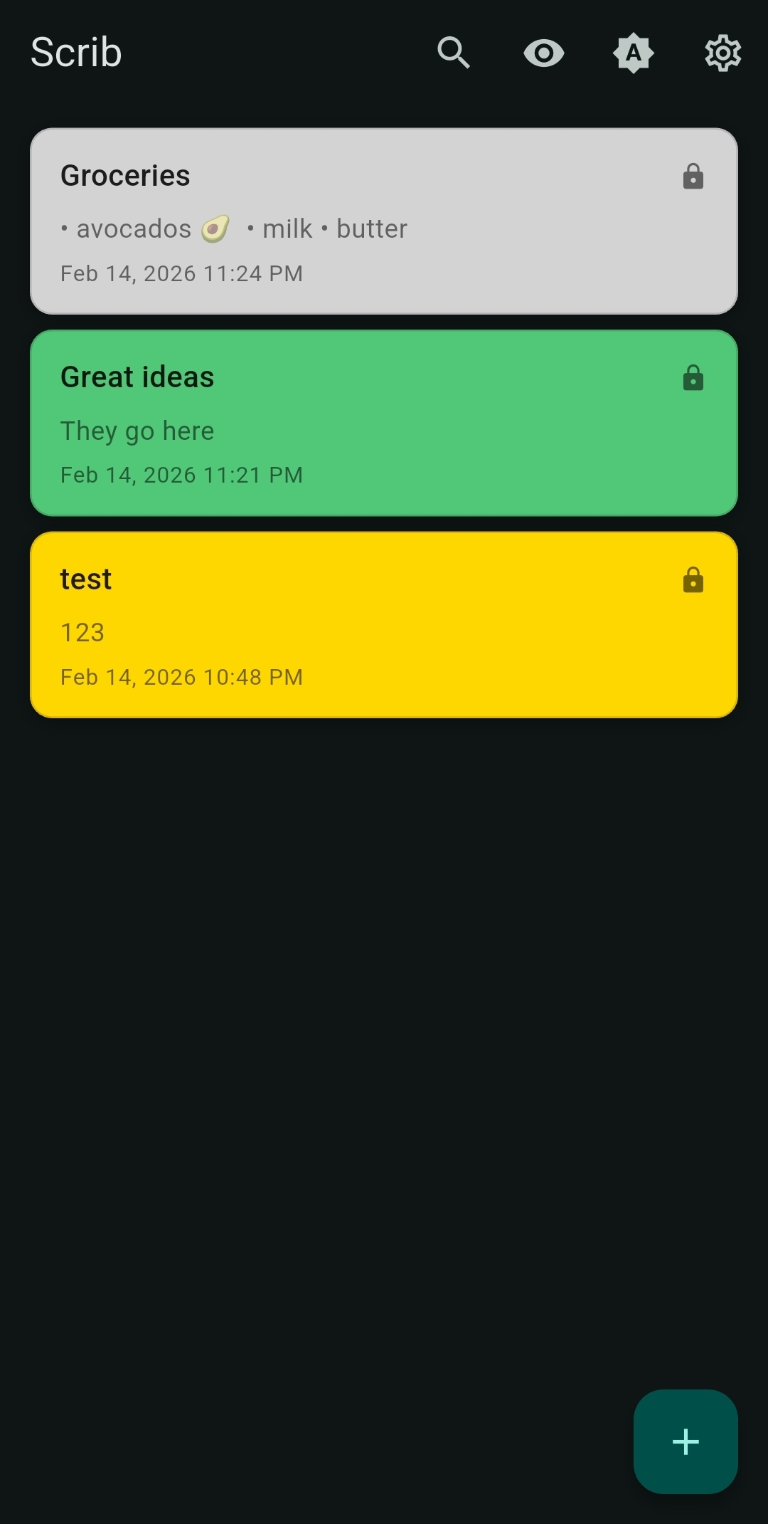 Scrib Android app home screen: color-coded notes with encryption lock icons, dark mode, and floating action button