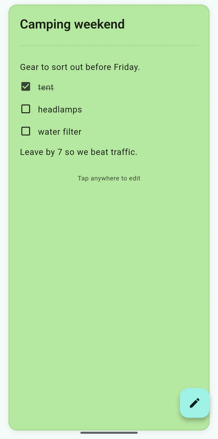 A Scrib note on a mint green card: a paragraph of regular text, a three-item checklist with the first item checked off with a strikethrough, and another paragraph below the list