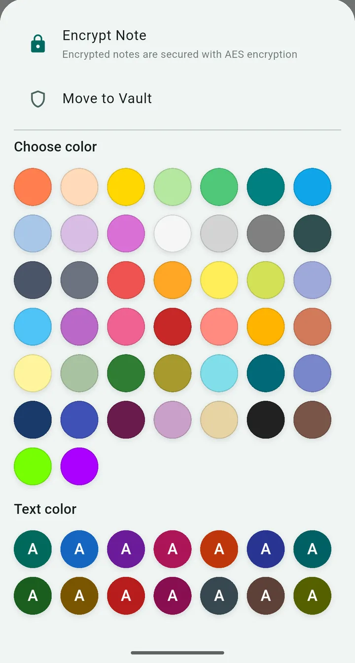 The note options sheet in Scrib 3 with the 44-color background palette and the per-note text color row
