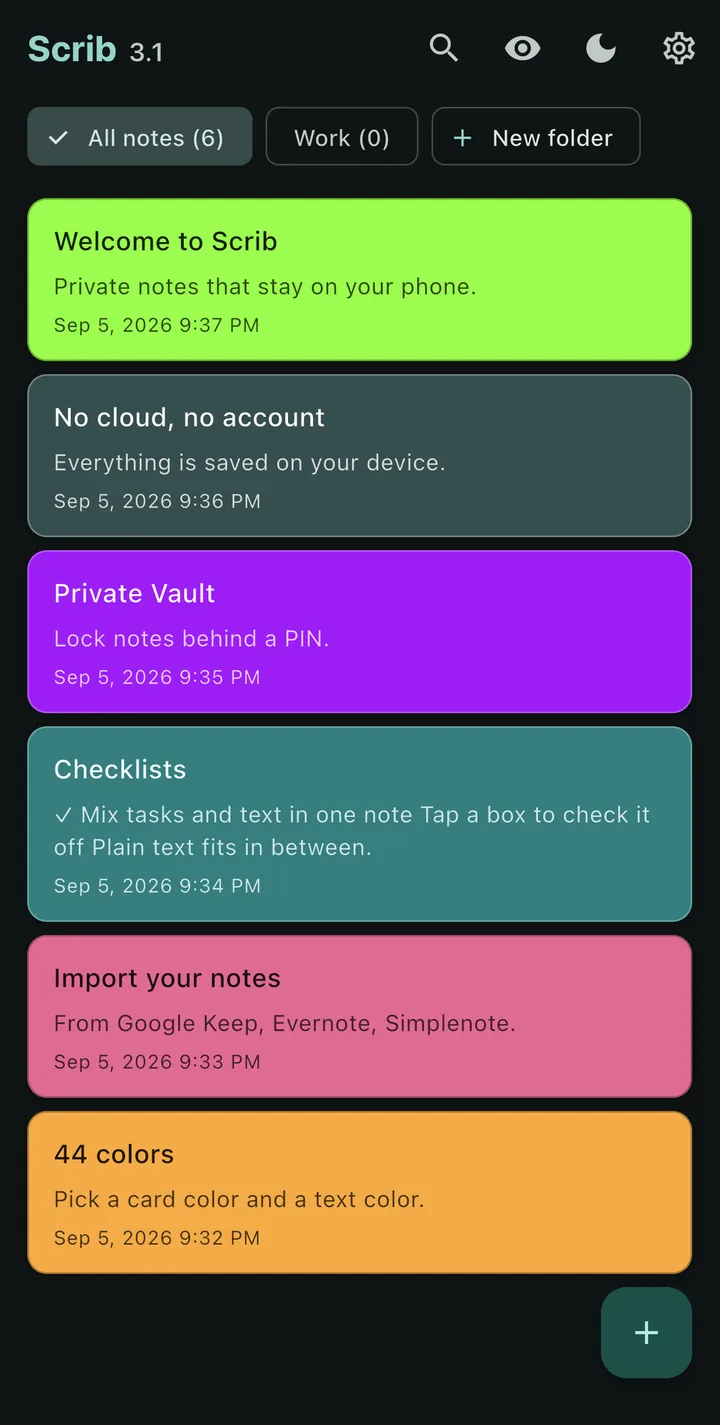 The Scrib home screen on an iPhone in dark mode: the same folder row and six note cards in different colors on a black background