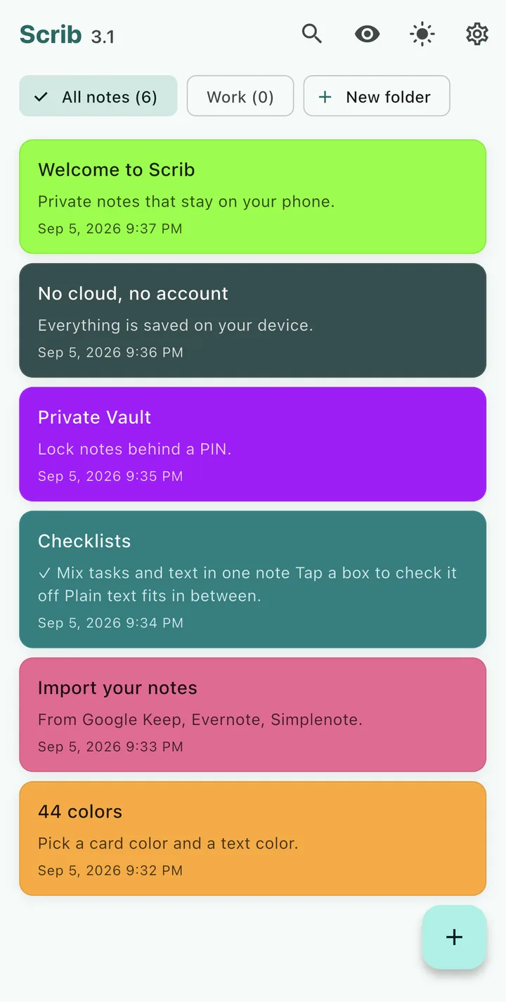 The Scrib home screen on an iPhone in light mode: a folder row with All notes, Work, and New folder, and six note cards in different colors