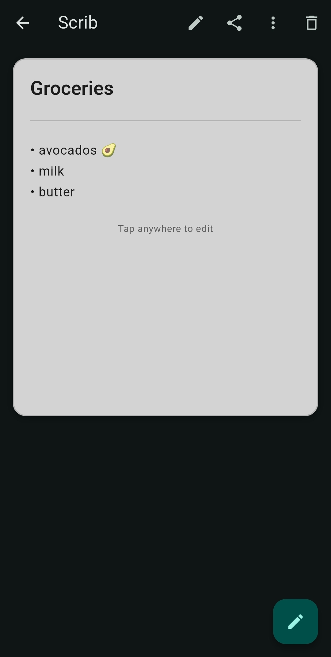 Scrib Android app note view: grocery list with bullet points in light mode, showing edit and share buttons