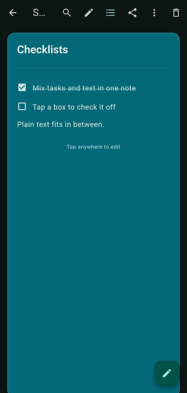 Scrib checklist note in dark mode on a deep teal card: a checked item with strikethrough, an open item, and a plain text line