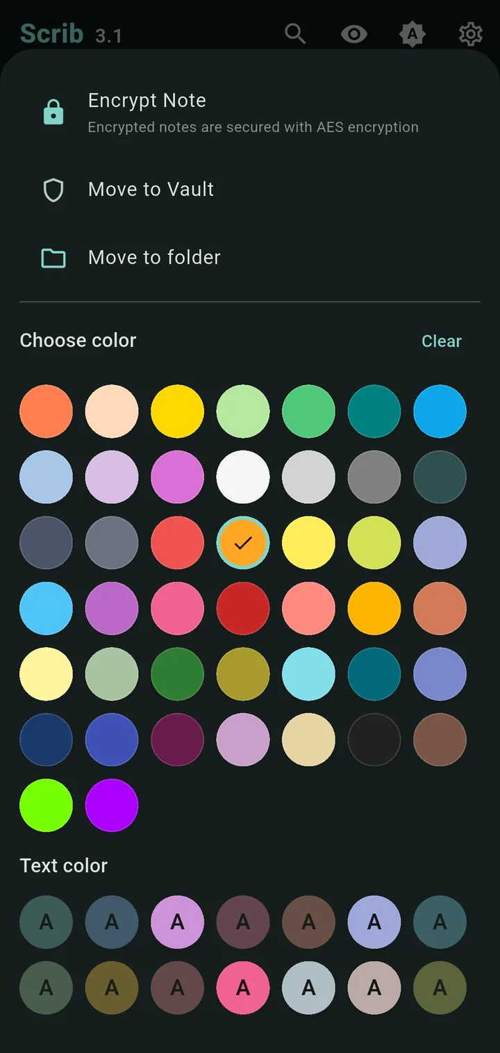Scrib color sheet in dark mode: 44 note colors plus per-note text colors, with Encrypt Note and Move to Vault above