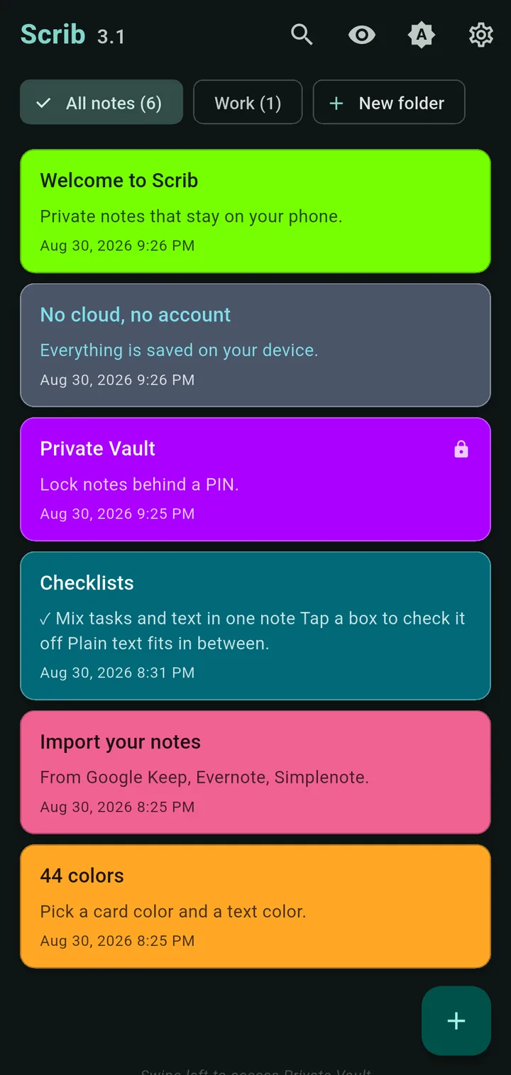 Scrib Android app home screen in dark mode: six notes in six colors including neon green and electric violet, cyan text color on a slate note, and a lock icon on an encrypted note