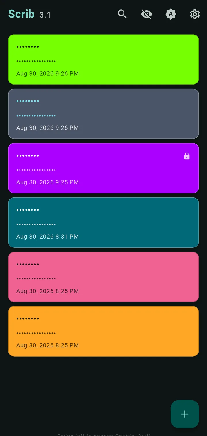 Scrib privacy mode in dark mode: every note title and preview redacted to dots while card colors stay visible