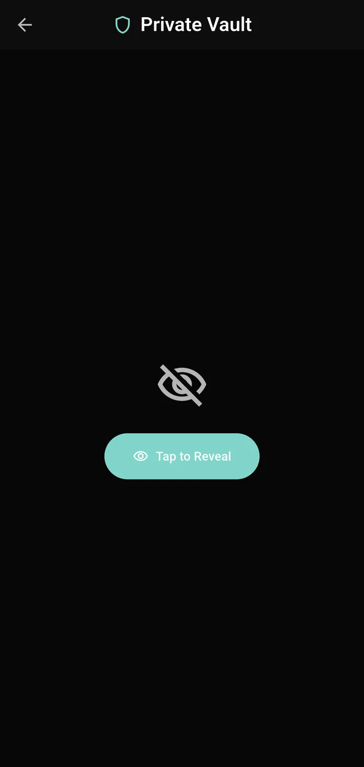 Scrib Private Vault hiding its contents in dark mode: a Tap to Reveal button guards the list