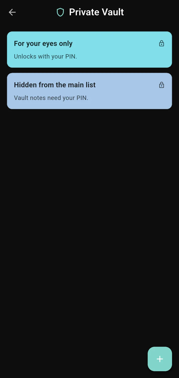 Scrib Private Vault in dark mode: two encrypted notes on cyan and periwinkle cards behind the vault PIN
