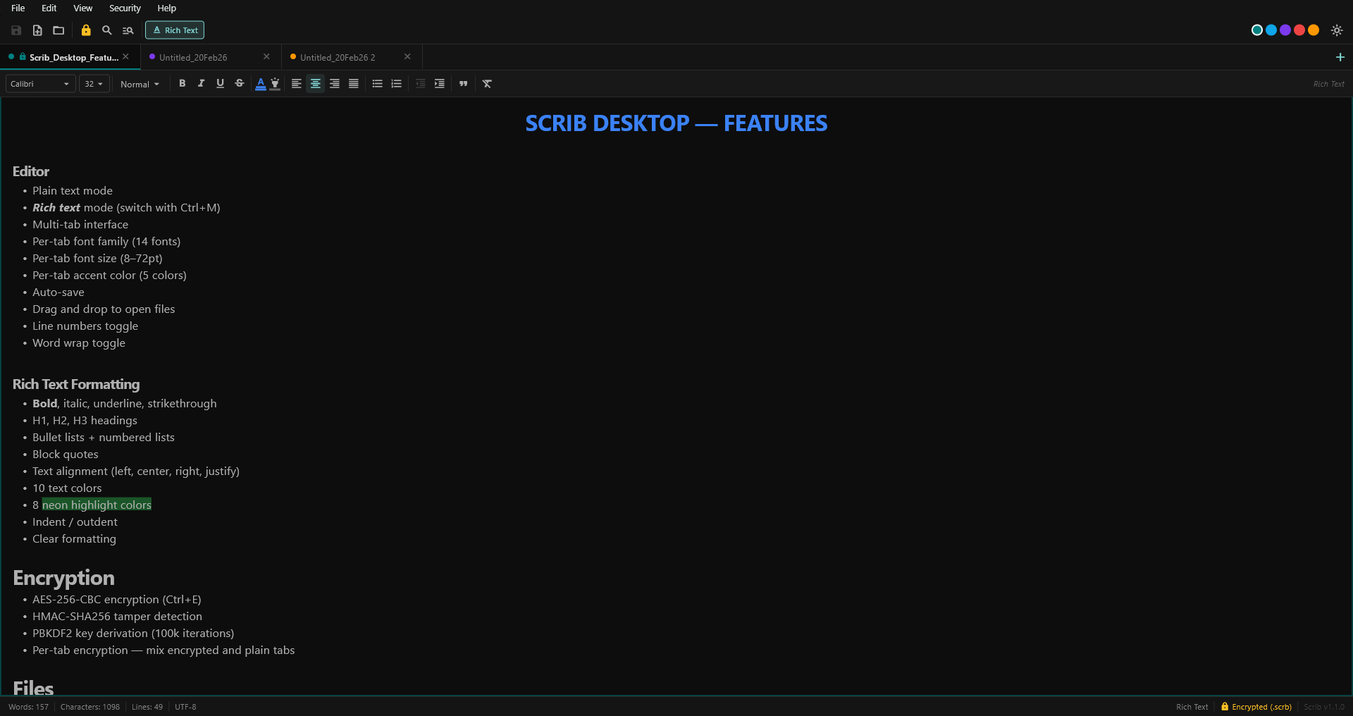Scrib Desktop editor showing dark theme with multiple tabs, rich text formatting, neon highlights, and AES-256 encryption active in the status bar