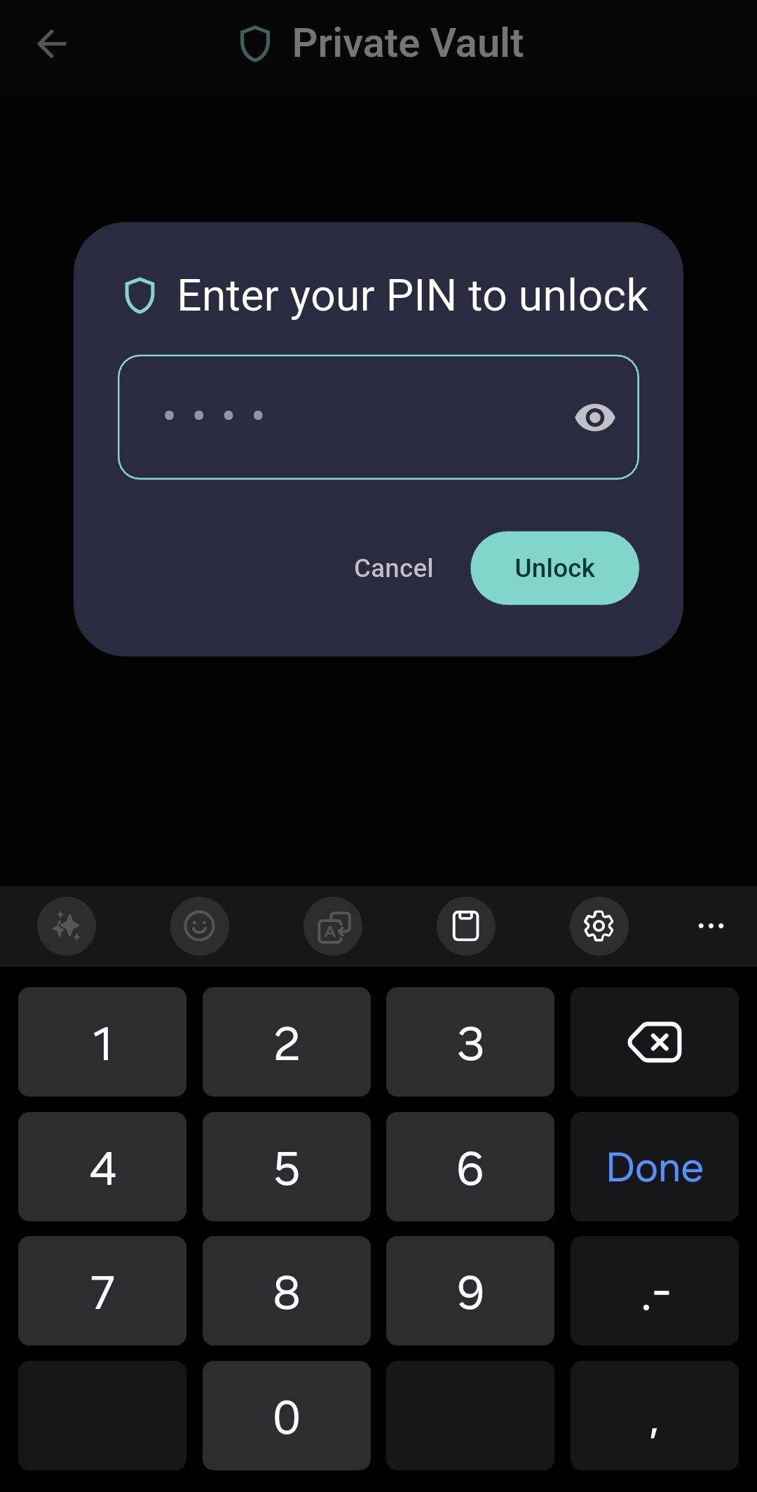 Scrib Android app Private Vault: PIN entry screen to unlock your most sensitive encrypted notes