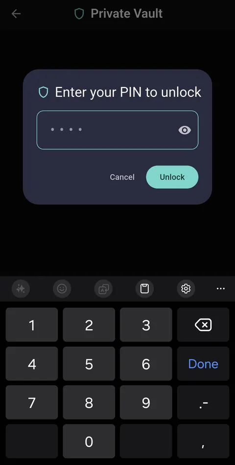 Scrib Android app Private Vault: PIN entry screen to unlock your most sensitive encrypted notes